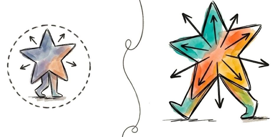 Muted star trapped inside a dashed circle beside a vibrant star with energy arrows extending outward